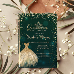 Convite Tiaro de vestido dourado chique, Diamantes Quincea