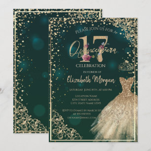 Convite Tiaro de vestido dourado, Diamantes Quinceañera fl