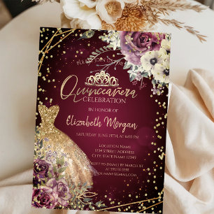 Convite Tiaro de vestido dourado, Quinceañera floral burgu