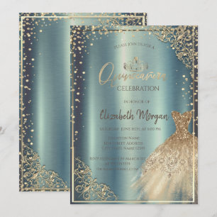 Convite Tiaro de vestido dourado, Quinceañera metálica de