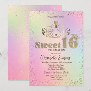 Convite Tiaro Dourado Confete Princesa Holográfico Sweet 1