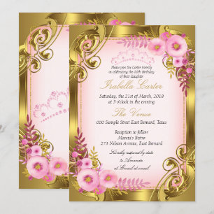Convite Tiaro Dourado de Floral Rosa Festa de Aniversário