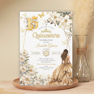 Convite Tiaro Dourado Floral Bege Borboletas Quinceañera