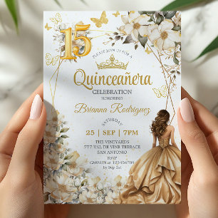 Convite Tiaro Dourado Floral Bege Quinceañera