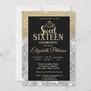 Convite Tiaro Dourado Prata Dourado Brilho Bokeh Sweet 16