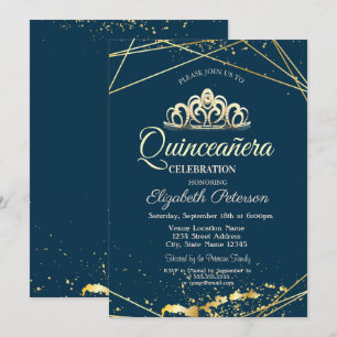 Convite Tiaro Dourado, Quinceañera Azul-Marinho
