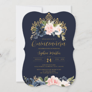 Convite Tiaro Floral Azul Marinho Quinceanera