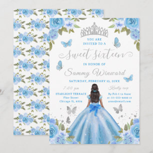 Convite Tiaro Floral Azul Princesa Negra Sweet Sixteen