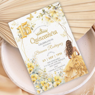 Convite Tiaro Floral Borboleta Amarela Dourada Quinceañera