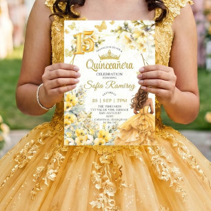 Convite Tiaro Floral Borboleta Amarela Dourada Quinceañera