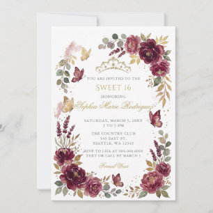 Convite Tiaro Floral Borboleta Borgonha Dourado Sweet 16