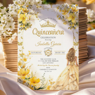 Convite Tiaro Floral Borboletas Dourado Amarelo Quinceañer