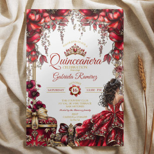 Convite Tiaro Floral Dourado Vermelho Quinceañera