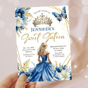 Convite Tiaro Floral Princesa Azul Real Dourado Sweet 16