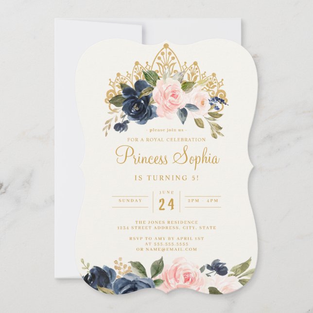 Convite Tiaro Floral Princesa Bege Marinho Aniversário (Frente)