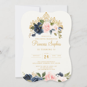 Convite Tiaro Floral Princesa Bege Marinho Aniversário