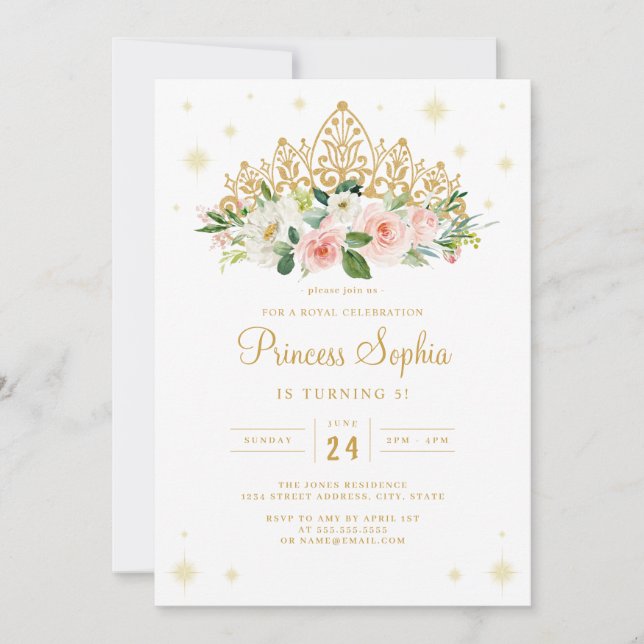 Convite Tiaro Floral Princesa Brilho Aniversário (Frente)