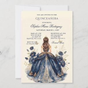 Convite Tiaro Floral Princesa Dourada Azul Marinho Quincea