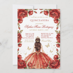 Convite Tiaro Floral Princesa Dourada Vermelha Quinceañera