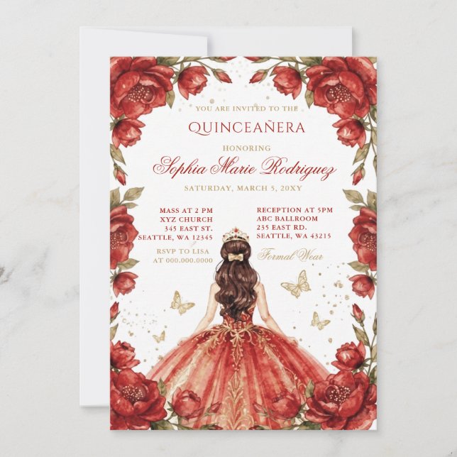 Convite Tiaro Floral Princesa Dourada Vermelha Quinceañera (Frente)