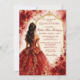Convite Tiaro Floral Princesa Dourada Vermelha Quinceañera