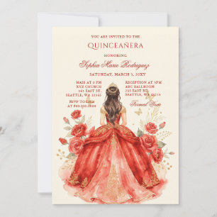 Convite Tiaro Floral Princesa Dourada Vermelha Quinceañera
