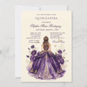 Convite Tiaro Floral Princesa Ouro Roxo Quinceañera