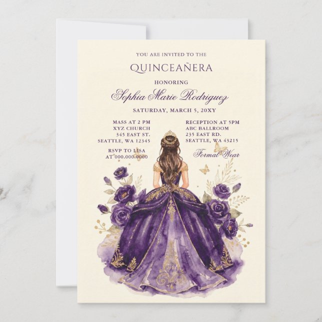 Convite Tiaro Floral Princesa Ouro Roxo Quinceañera (Frente)