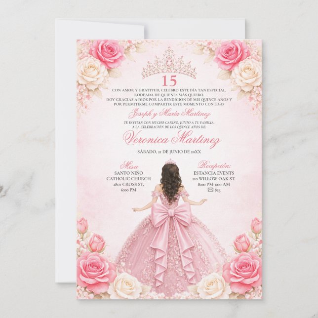 Convite Tiaro Floral Princesa Rosa Quinceañera (Frente)