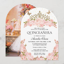 Convite Tiaro Floral Rosa Corado para Foto de Quinceanera