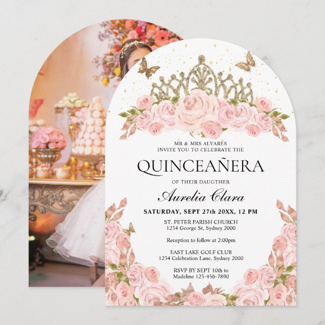 Convite Tiaro Floral Rosa Corado para Foto de Quinceanera (Frente/Verso)