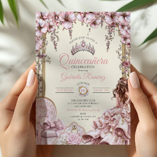 Convite Tiaro Floral Rosa Creme e Bege Quinceañera