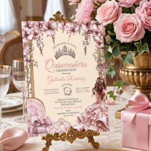Convite Tiaro Floral Rosa Creme e Bege Quinceañera