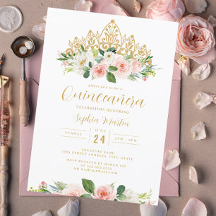 Convite Tiaro Floral Rosa Dourado Quinceanera