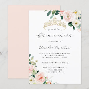 Convite Tiaro Floral Rosa Elegante Quinceanera