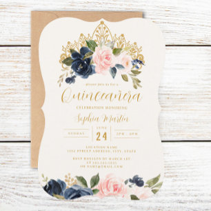 Convite Tiaro Floral Rosa Marinho Quinceanera