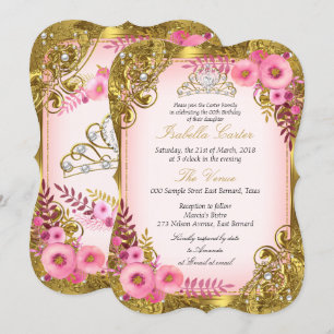 Convite Tiaro Floral Rosa Pérola Branca Dourada Festa de A