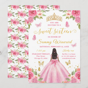 Convite Tiaro Floral Rosa Princesa Negra Sweet Sixteen