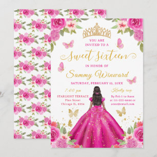 Convite Tiaro Floral Rosa Quente Princesa Negra Sweet Sixt