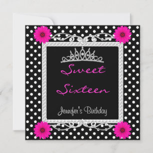 Convite Tiaro floral rosa Sweet 16 16º ponto preto e branc