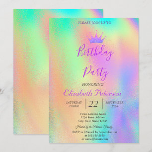 Convite Tiaro Glitter Chique Arco-íris Holográfico Anivers