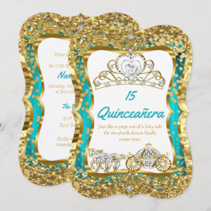 Convite Tiaro Mágico Azul Turquesa para Quinceanera Dourad