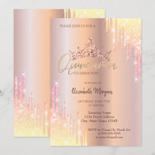 Convite Tiaro Ombre Brilho Rosa Em Ouro Quinceañera