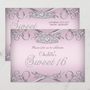 Convite Tiaro Prata Rosa Aniversário Sweet 16