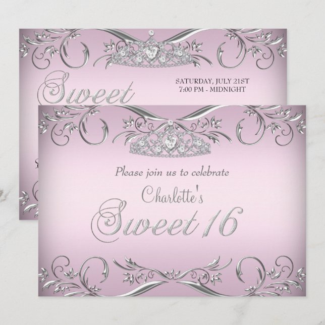 Convite Tiaro Prata Rosa Aniversário Sweet 16 (Frente/Verso)