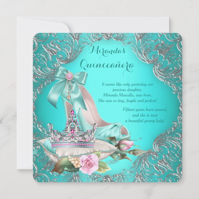 Convite Tiaro Princesa Azul Turquesa Quinceanera (Frente)
