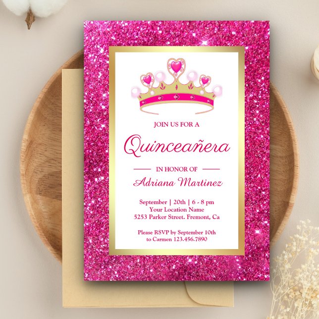 Convite Tiaro Princesa Brilho Rosa Quinceanera (Criador carregado)
