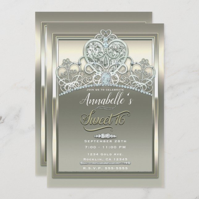 Convite Tiaro Princesa de Marfim Platina Festa Sweet 16 (Frente/Verso)