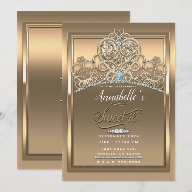 Convite Tiaro Princesa Glamouroso Dourado Coração Festa Do (Frente/Verso)