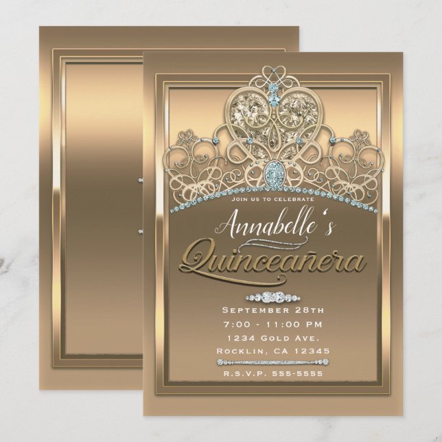 Convite Tiaro Princesa Glamouroso Dourado Festa de Anivers (Frente/Verso)